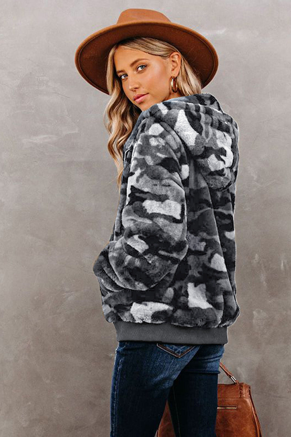 Camo Print Zipper Fleece Hooded Coat with Pockets
