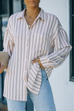 Khaki Striped Buttons Closure Long Sleeve Shirt