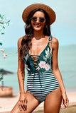 Floral and Striped Lace-up One-piece Swimwear