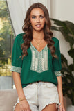Deep V-neck Half Sleeve Embroidery Patch Blouse