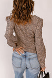 V Neck Puff Sleeve Buttons Leopard Print Shirt