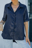 Blue Leopard Jacquard Short Sleeve Satin Blouse