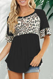 Wine Leopard Stitching Pleated Casual Top