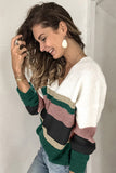 Khaki Casual Color-Block Striped Long Sleeve V Neck Sweater