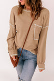 Khaki Contrast Stitching Trim Waffle Knit Pullover
