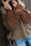Khaki Long Sleeve Turtleneck Color Block Pullover Knit Sweater