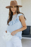 Sky Blue Lace Splicing Ruffled Short Sleeve T-shirt