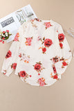 Beige Floral Print V Neck Button Down Blouse