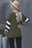 V Neck Leopard Stripe Splice Lantern Sleeve Top