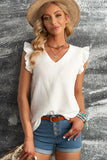 White Ruffled Sleeve V Neck Top