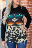 Black Aztec Cow Print Long Sleeve Top