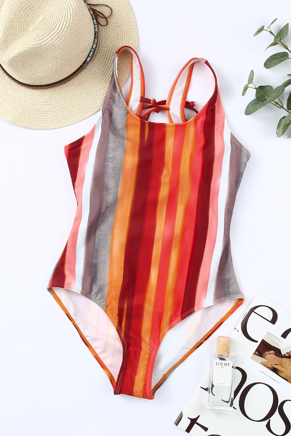 Multicolor Striped Color Block Bow Back Cut-out One-piece Swimsuit