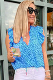 Blue Frilled Spilt V Neck Leopard Ruffled Top