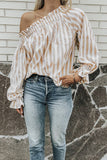 Stripe Print Frilled Elastic Off Shoulder Top