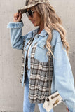 Sky Blue Plaid Patchwork Buttoned Pockets Denim Jacket