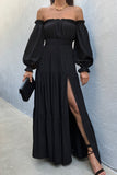 Frilled Off-the-shoulder Puff Sleeve Pleated Maxi Dress with Slit