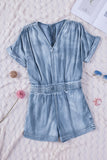 V Neck Smocked Waist Pocketed Chambray Romper