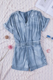 Sky Blue V Neck Smocked Waist Pocketed Chambray Romper