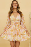 Yellow V Neck Long Sleeve Tiered Floral Dress
