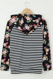 Striped Floral Print Long Sleeve Zipper Hoodie