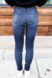 Dark Wash Mid Rise Distressed Plaid Patch Skinny Jeans