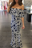 Turquoise Roses Print Off-the-shoulder Maxi Dress