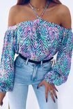 Sky Blue Allover Print Halter Neck Off Shoulder Blouse
