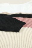 Khaki Colorblock V Neck Ribbed Knitted Sweater