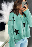 Green V Neck Star Pattern Hooded Sweater with Slits