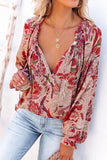 Split V Neck Printed Blouse