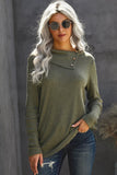 Army Green Buttoned Neck Knit Long Sleeves Top