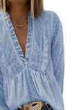 Swiss Dot Long Deep V Neck Pleated Sleeve Top