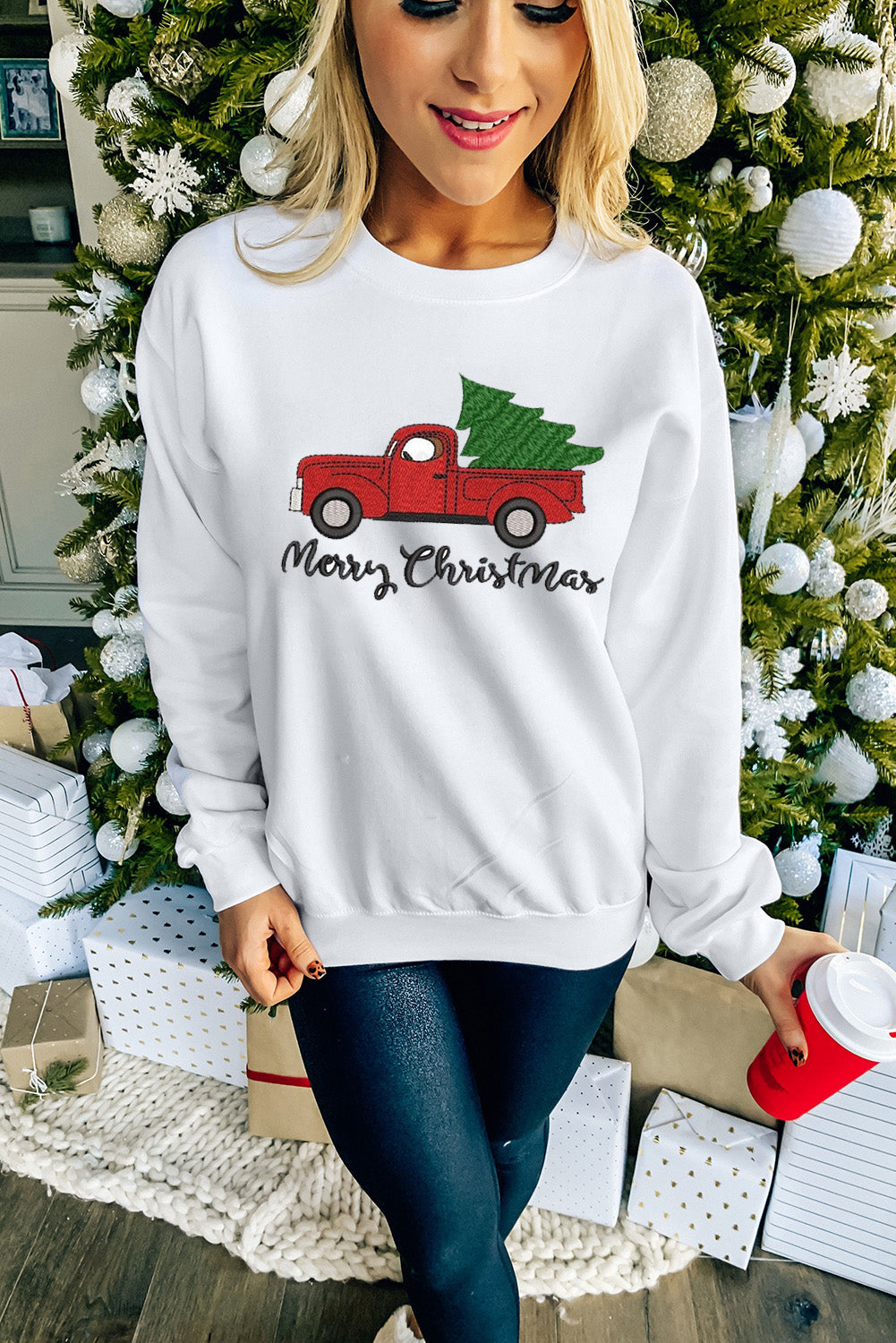 Merry Christmas Truck Pattern Embroidered Pullover Sweatshirt