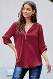 Casual V Neck Zip up Half Sleeve Blouse