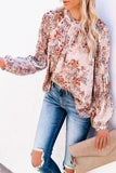 Floral Print Ruffled Neckline Puff Sleeve Blouse
