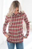 Multicolor Cowl Neck Plaid Drawstring Hoodie with Thumb Hole