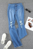 High Waist Raw Hem Button Ripped Flare Jeans