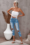 Light Blue Washed Ripped Straight Legs Jeans
