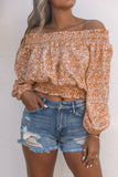 Orange Ruffled Shirred Off Shoulder Floral Top