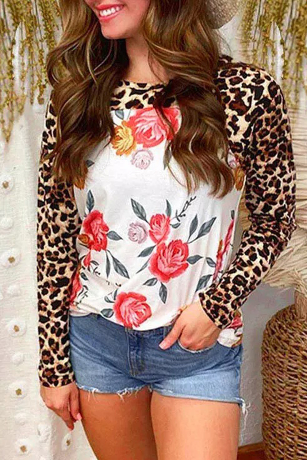 Floral Print Patchwork Long Sleeve Top