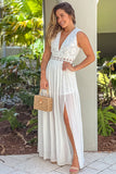 White Lace Contrast V Neck Sleeve Maxi Dress with Slit