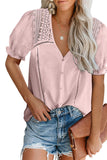 V Neck Lace Crochet Short Sleeve Shirt