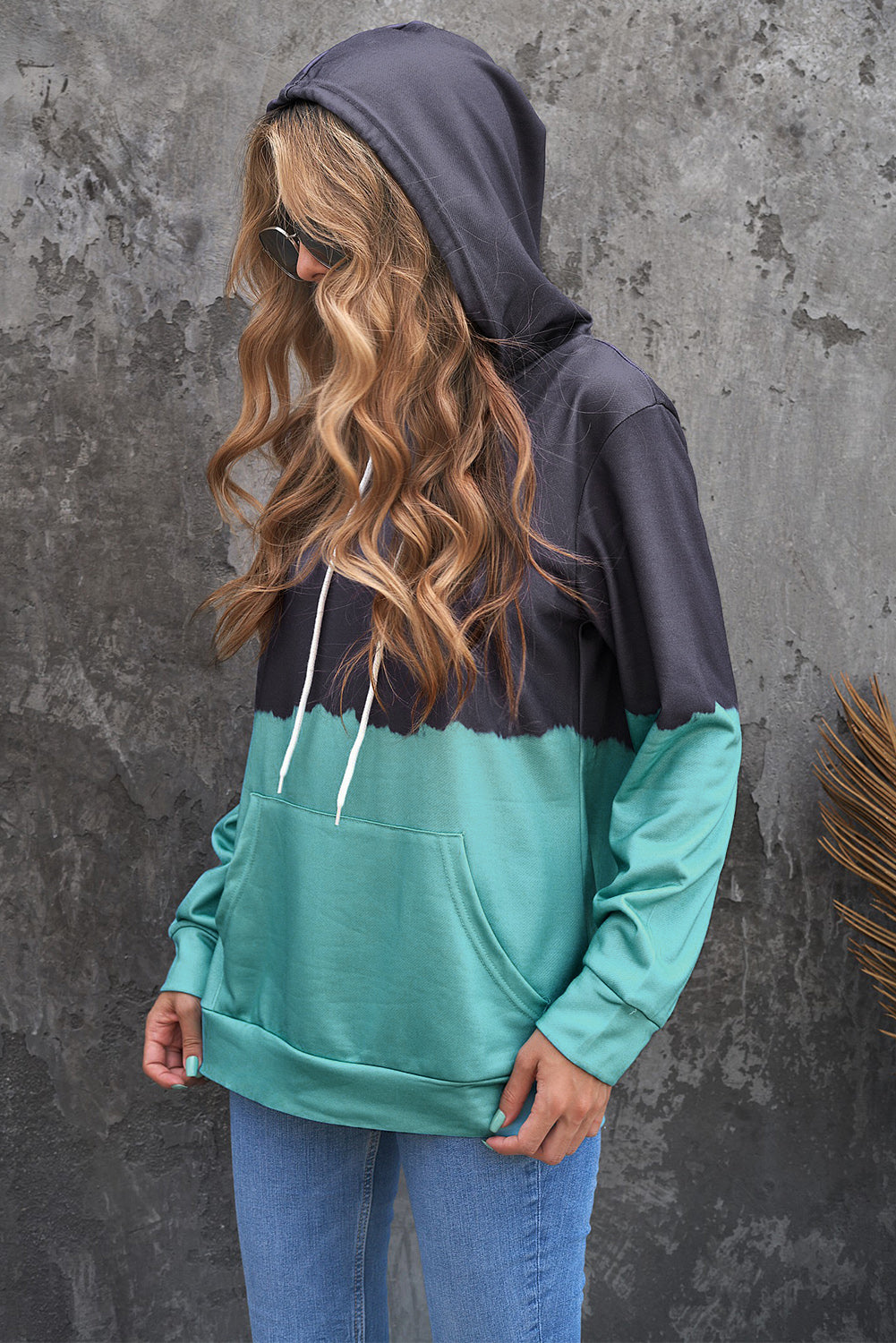 Light Green Dip-Dye Colorblock Drawstring Hoodie with Pockets