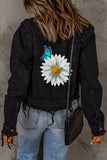 Daisy Sunflower Print Rhinestone Distressed Denim Jacket