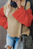 Khaki Long Sleeve Turtleneck Color Block Pullover Knit Sweater