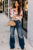 Beige Floral Print V Neck Button Down Blouse