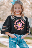Little Girl Sunflower Print Mesh Bell Sleeve Top