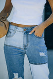 Colorblock Patchwork Ripped Hole Crop Straight Jeans