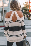 Black Striped Cold Shoulder Knit Sweater