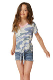 Little Girl Contrast Trim Camo Print T-shirt with Knot